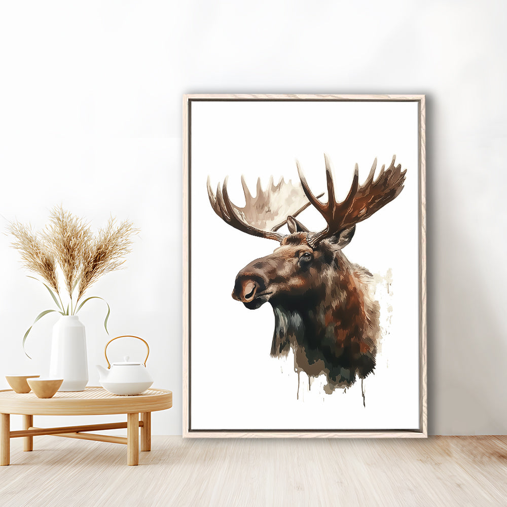 Moose With Anlters Watercolor Painting, Floating Framed Canvas Art Print,, Framed Canvas Prints Wall Art