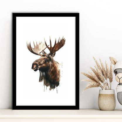 Moose With Anlters Watercolor Painting, Framed Picture Print, Framed Art Prints White Border Wall Decor