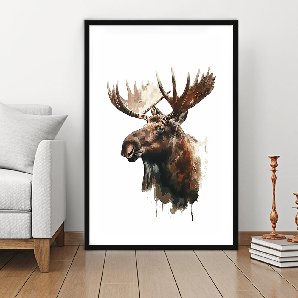Moose With Anlters Watercolor Painting, Framed Picture Print, Framed Art Prints White Border Wall Decor