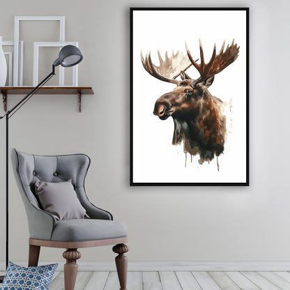 Moose With Anlters Watercolor Painting, Floating Framed Canvas Art Print,, Framed Canvas Prints Wall Art