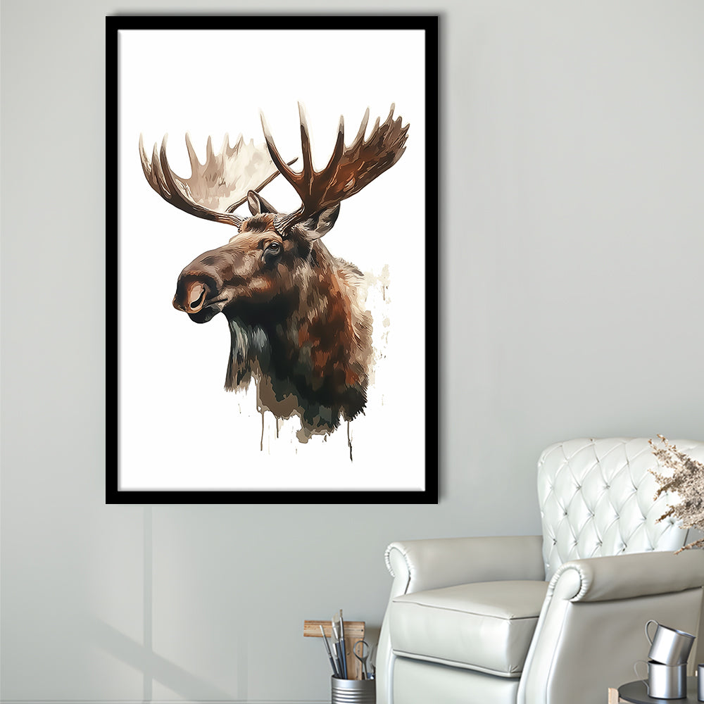 Moose With Anlters Watercolor Painting, Framed Picture Print,, Framed Art Prints Wall Decor