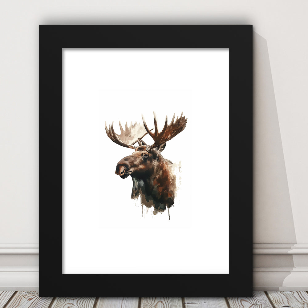 Moose With Anlters Watercolor Painting, Framed Picture Print, Framed Art Prints White Border Wall Decor