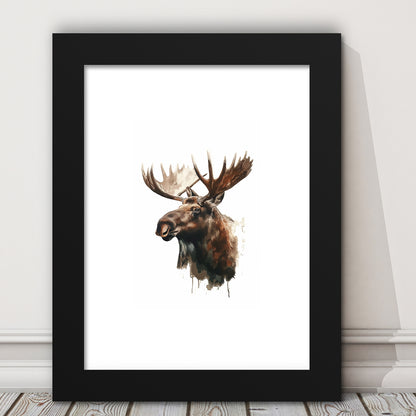 Moose With Anlters Watercolor Painting, Framed Picture Print, Framed Art Prints White Border Wall Decor