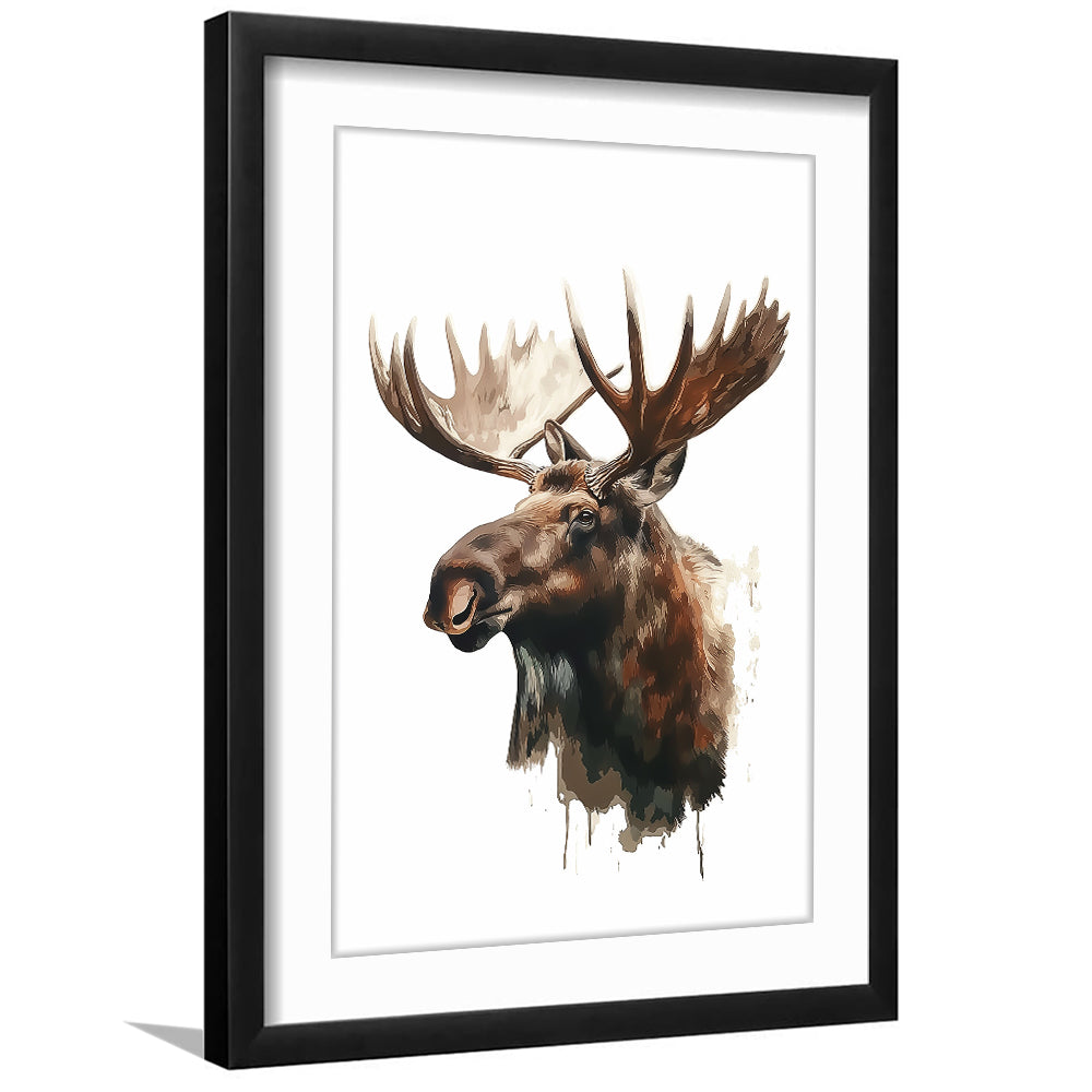 Moose With Anlters Watercolor Painting, Framed Picture Print, Framed Art Prints White Border Wall Decor
