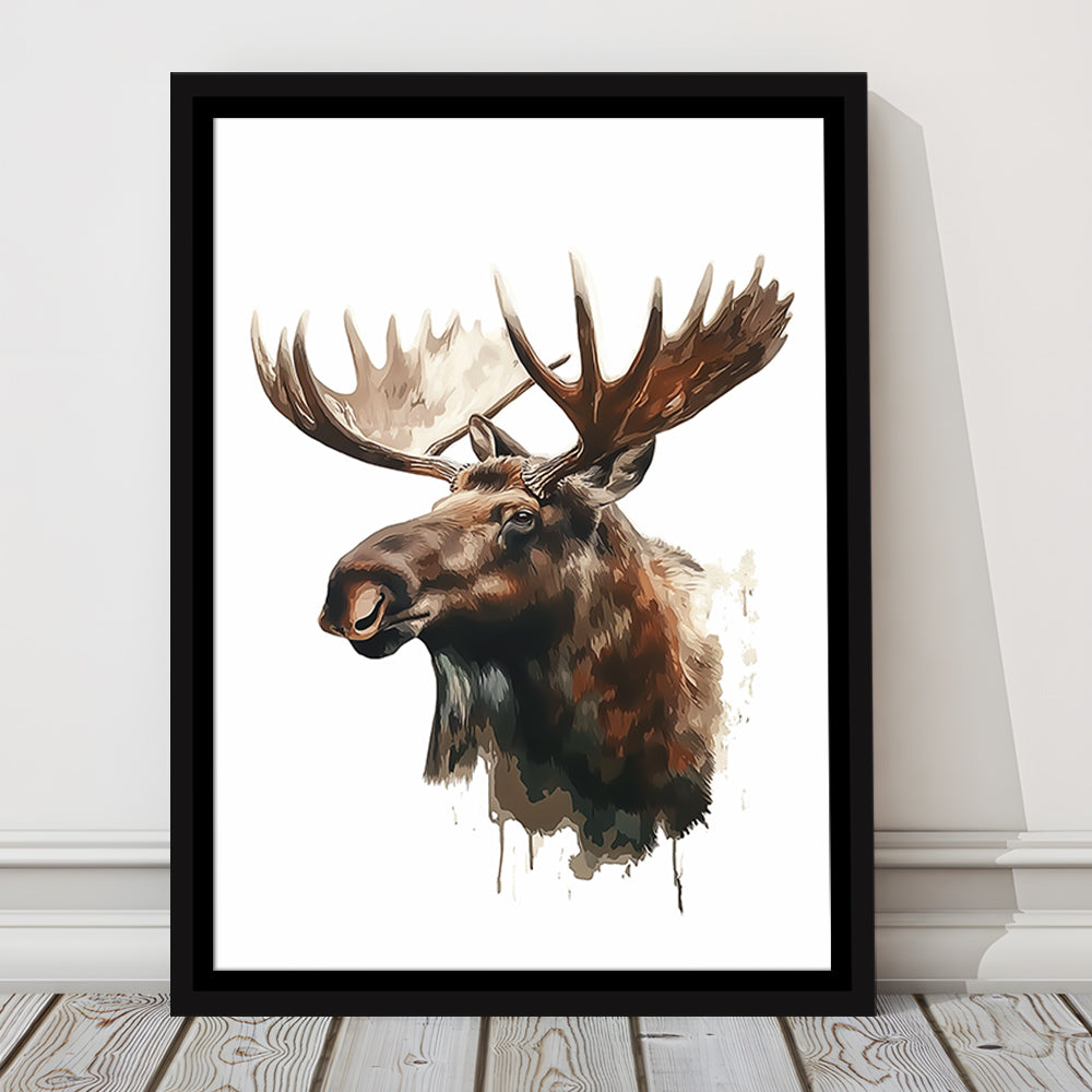 Moose With Anlters Watercolor Painting, Floating Framed Canvas Art Print,, Framed Canvas Prints Wall Art