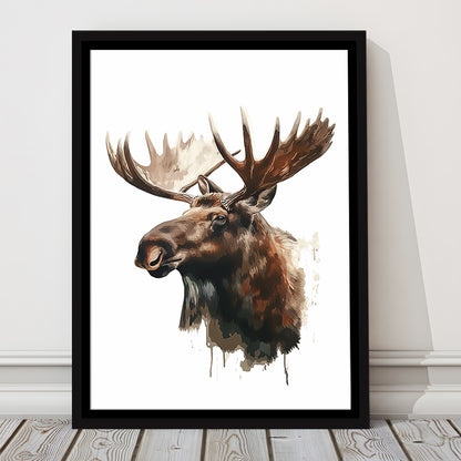 Moose With Anlters Watercolor Painting, Floating Framed Canvas Art Print,, Framed Canvas Prints Wall Art