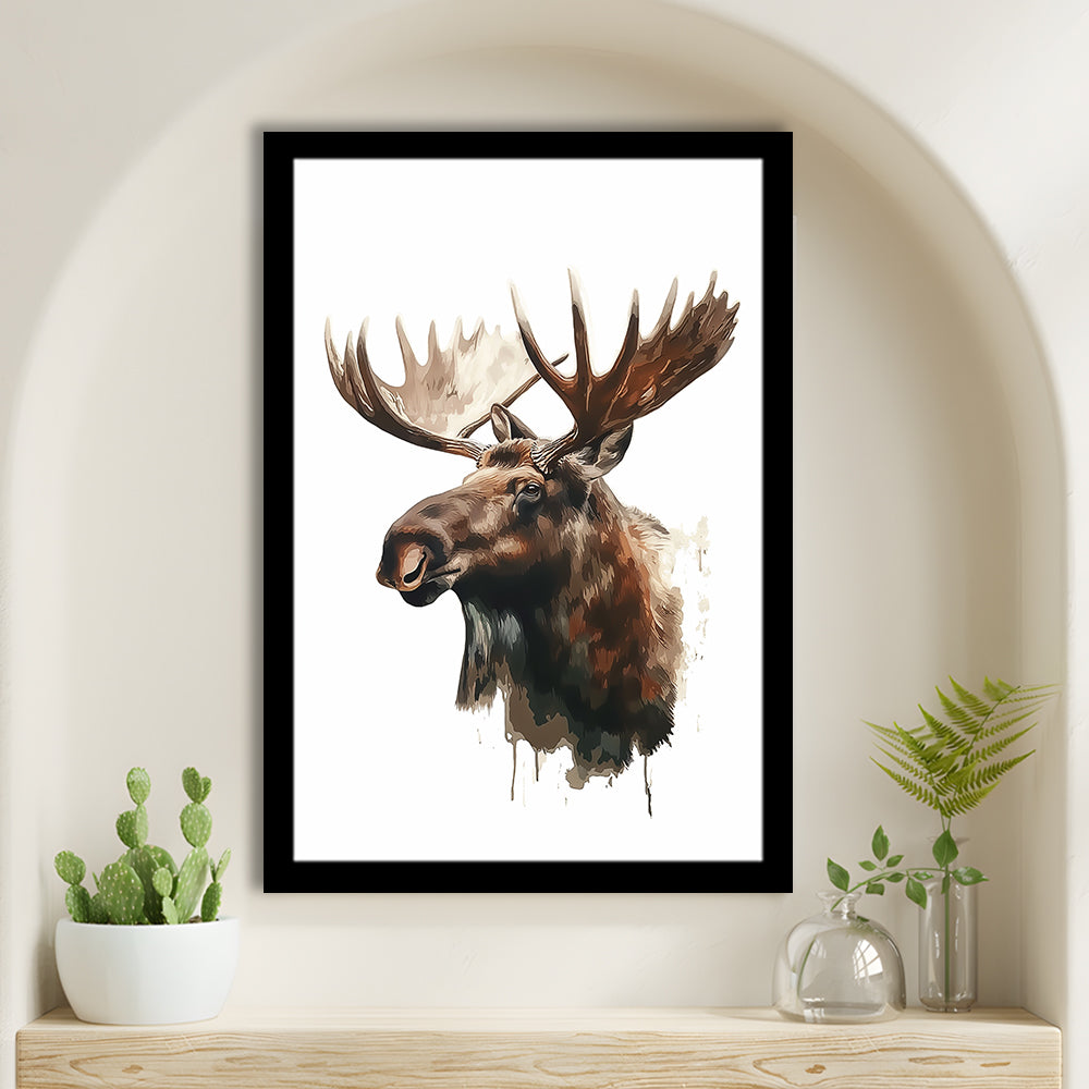 Moose With Anlters Watercolor Painting, Framed Picture Print,, Framed Art Prints Wall Decor