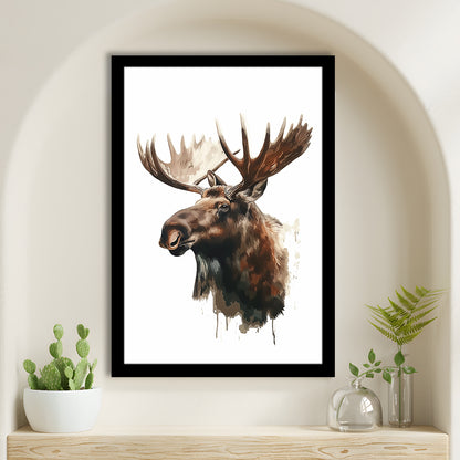 Moose With Anlters Watercolor Painting, Framed Picture Print,, Framed Art Prints Wall Decor