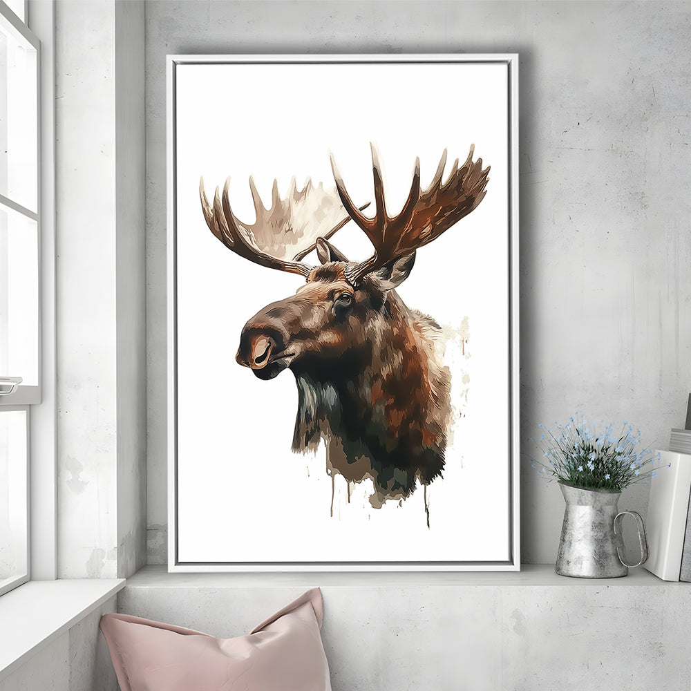 Moose With Anlters Watercolor Painting, Floating Framed Canvas Art Print,, Framed Canvas Prints Wall Art