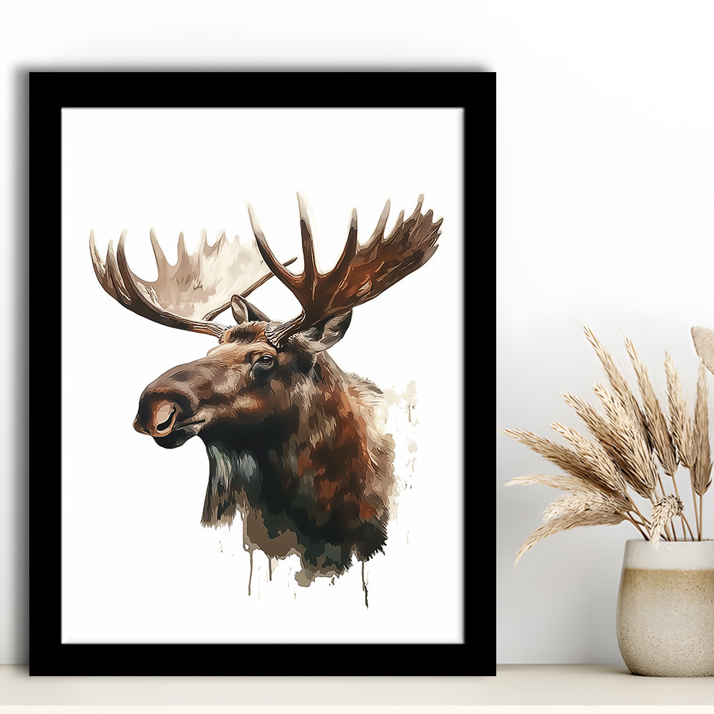 Moose With Anlters Watercolor Painting, Framed Picture Print,, Framed Art Prints Wall Decor