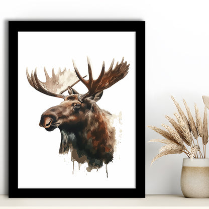 Moose With Anlters Watercolor Painting, Framed Picture Print,, Framed Art Prints Wall Decor