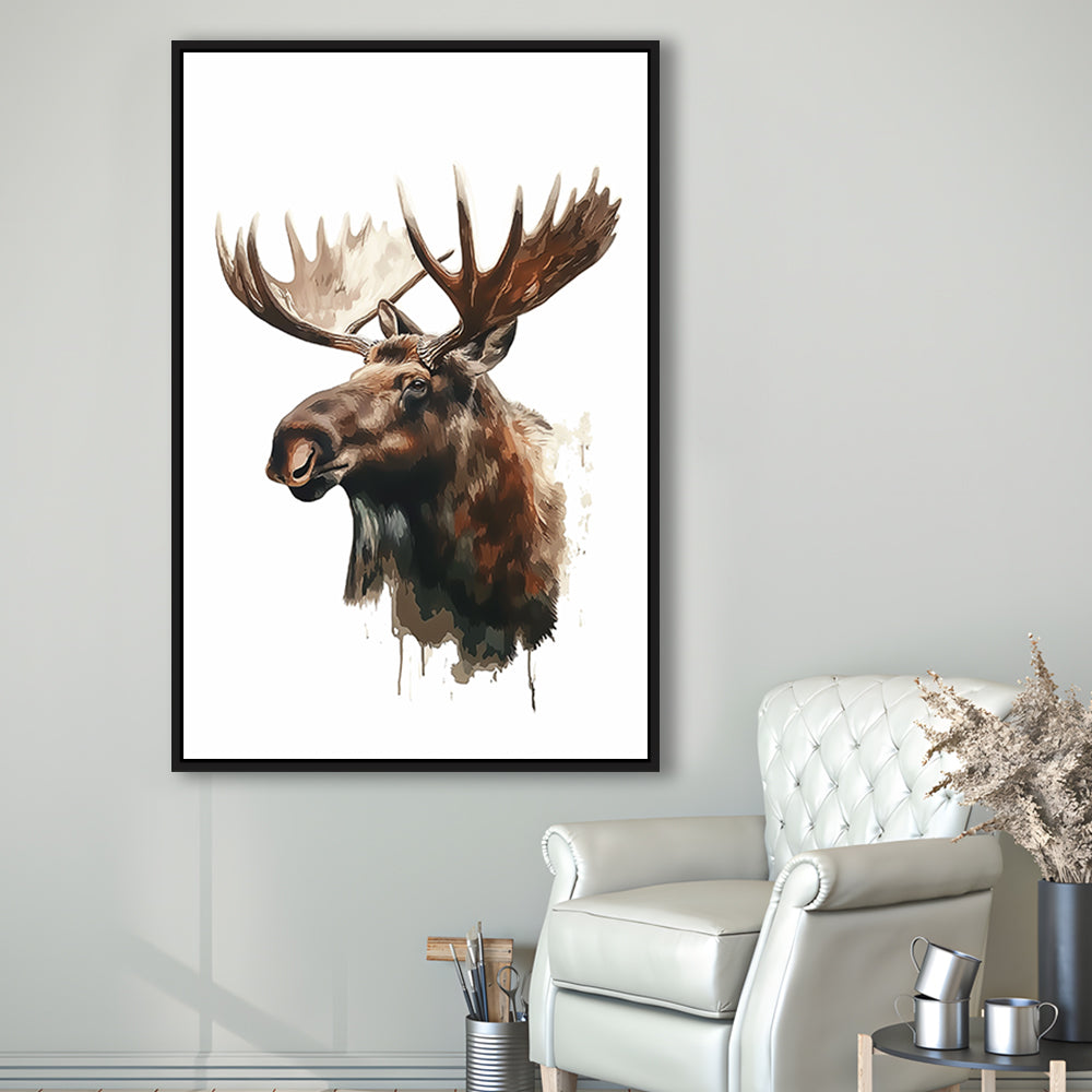 Moose With Anlters Watercolor Painting, Floating Framed Canvas Art Print,, Framed Canvas Prints Wall Art