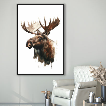 Moose With Anlters Watercolor Painting, Floating Framed Canvas Art Print,, Framed Canvas Prints Wall Art