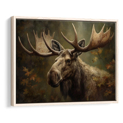 Moose With Antlers In The Forest Portrait Painting, Framed Canvas Print Wall Art, Floating Frame
