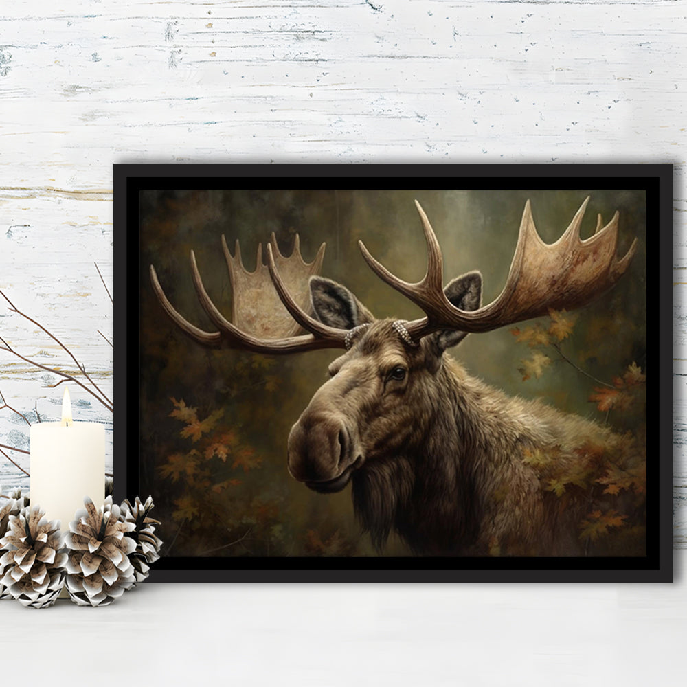 Moose With Antlers In The Forest Portrait Painting, Framed Canvas Print Wall Art, Floating Frame