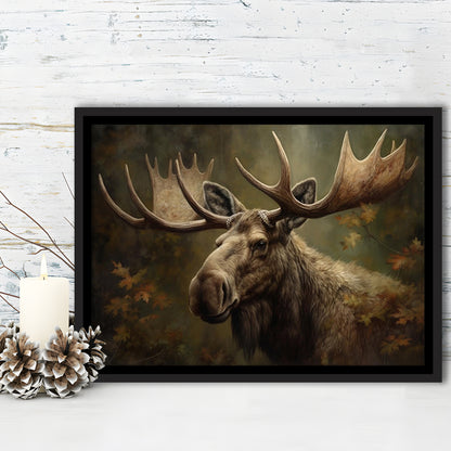Moose With Antlers In The Forest Portrait Painting, Framed Canvas Print Wall Art, Floating Frame