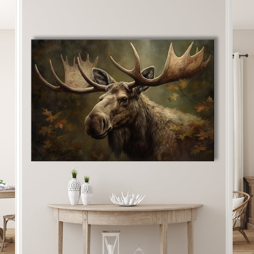 Moose With Antlers In The Forest Portrait Painting, Canvas Print Wall Art, Wall Decor, Painting Canvas