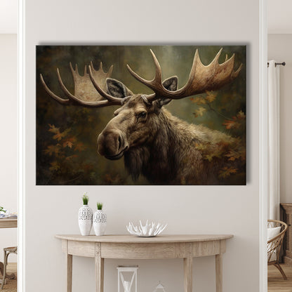 Moose With Antlers In The Forest Portrait Painting, Canvas Print Wall Art, Wall Decor, Painting Canvas