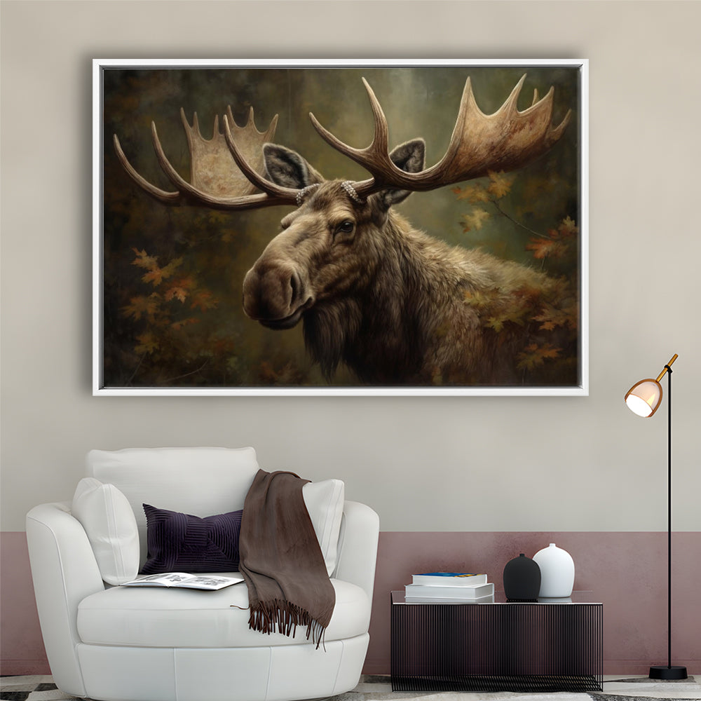 Moose With Antlers In The Forest Portrait Painting, Framed Canvas Print Wall Art, Floating Frame