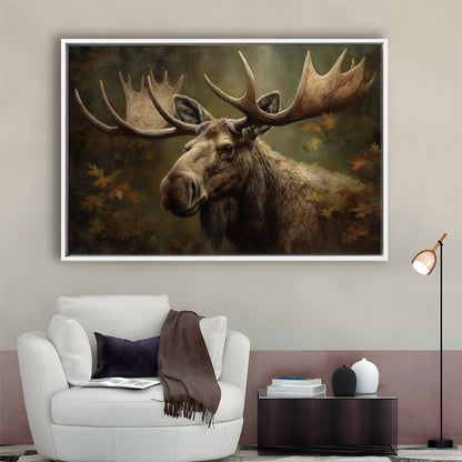 Moose With Antlers In The Forest Portrait Painting, Framed Canvas Print Wall Art, Floating Frame