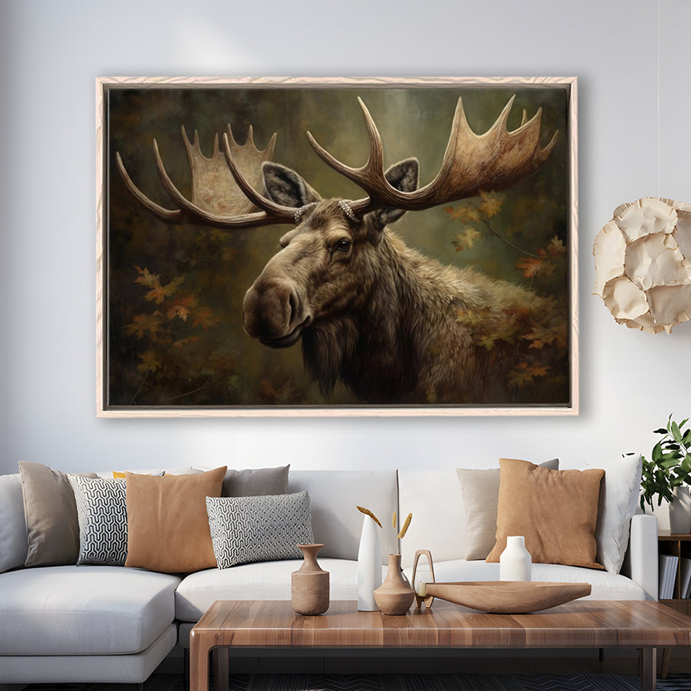 Moose With Antlers In The Forest Portrait Painting, Framed Canvas Print Wall Art, Floating Frame