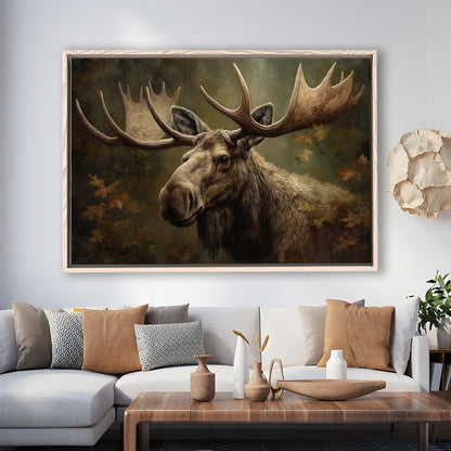 Moose With Antlers In The Forest Portrait Painting, Framed Canvas Print Wall Art, Floating Frame
