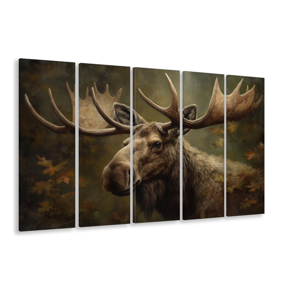 Moose With Antlers In The Forest Portrait Painting, 5 Panel B Canvas Print Wall Art, Extra Large Canvas