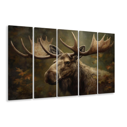 Moose With Antlers In The Forest Portrait Painting, 5 Panel B Canvas Print Wall Art, Extra Large Canvas