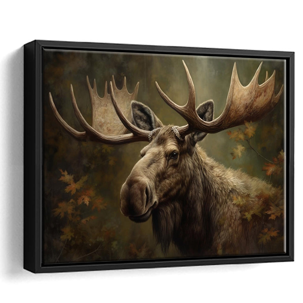 Moose With Antlers In The Forest Portrait Painting, Framed Canvas Print Wall Art, Floating Frame
