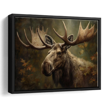 Moose With Antlers In The Forest Portrait Painting, Framed Canvas Print Wall Art, Floating Frame