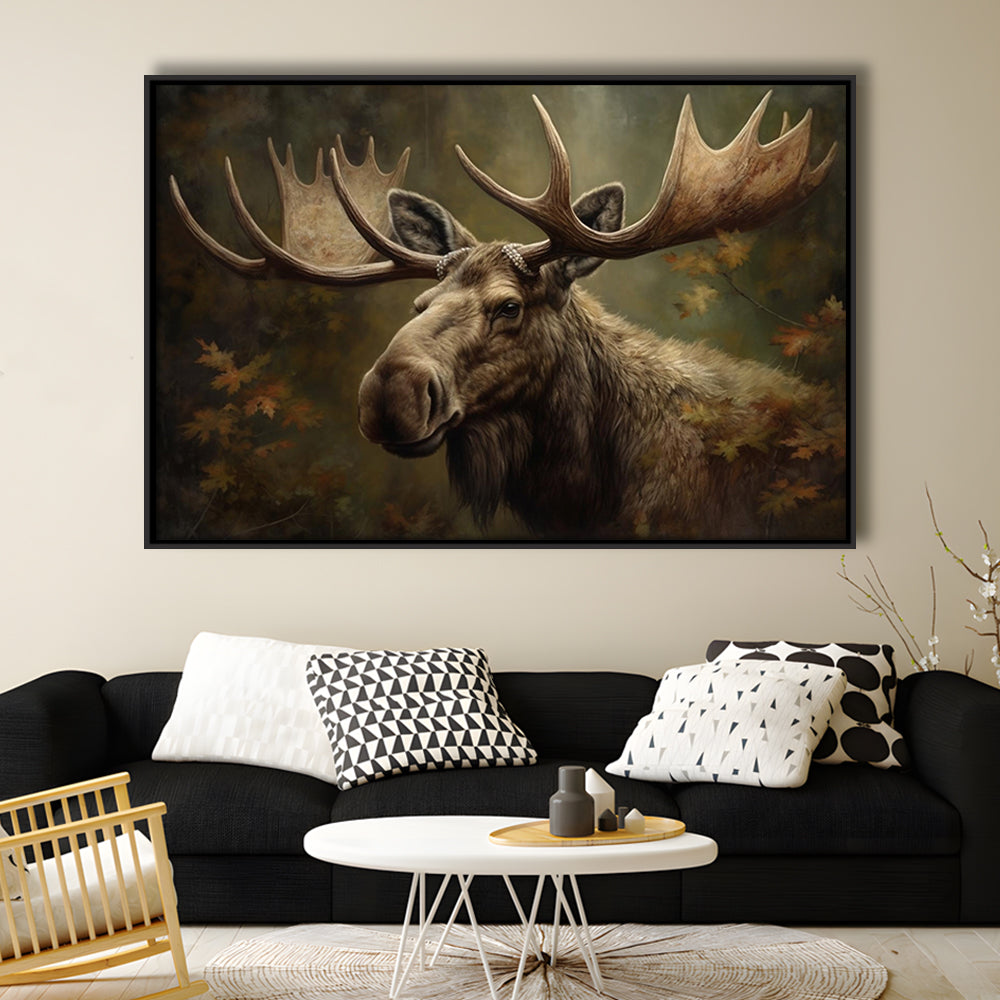 Moose With Antlers In The Forest Portrait Painting, Framed Canvas Print Wall Art, Floating Frame