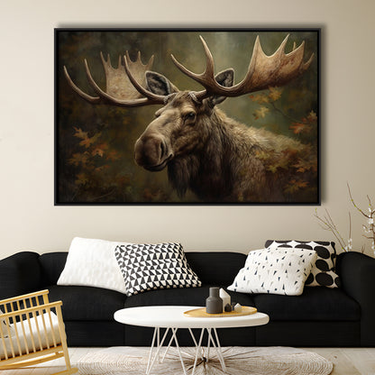 Moose With Antlers In The Forest Portrait Painting, Framed Canvas Print Wall Art, Floating Frame