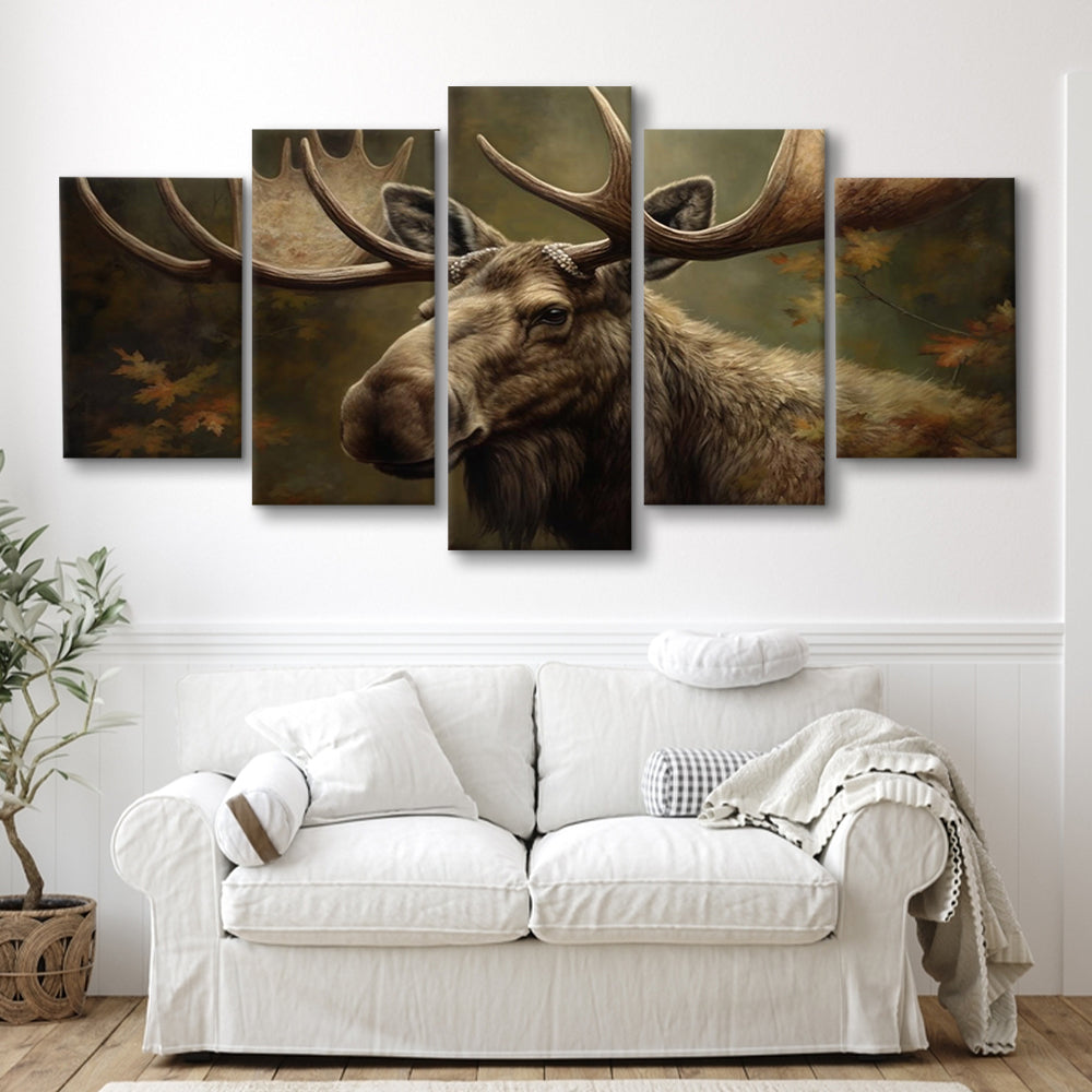 Moose With Antlers In The Forest Portrait Painting, 5 Panel Mixed Canvas Print Wall Art, Large Canvas