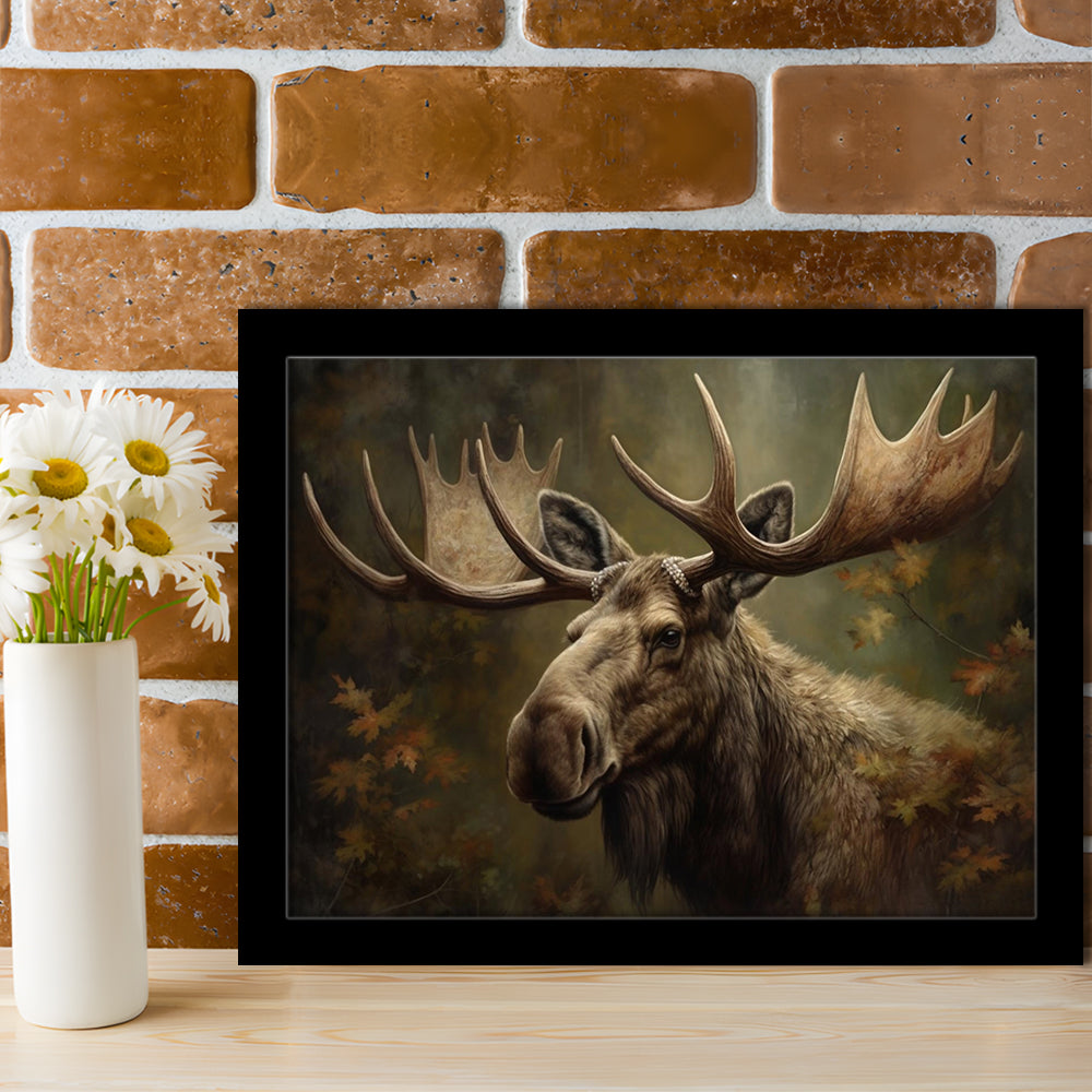 Moose With Antlers In The Forest Portrait Painting, Framed Art Print Wall Decor, Picture Framed