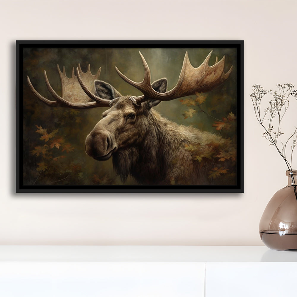 Moose With Antlers In The Forest Portrait Painting, Framed Canvas Print Wall Art, Floating Frame
