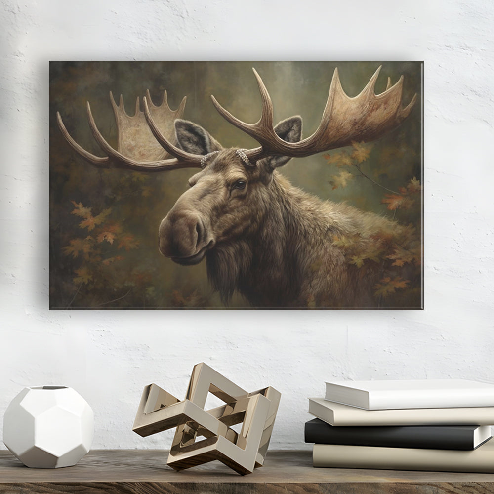 Moose With Antlers In The Forest Portrait Painting, Canvas Print Wall Art, Wall Decor, Painting Canvas
