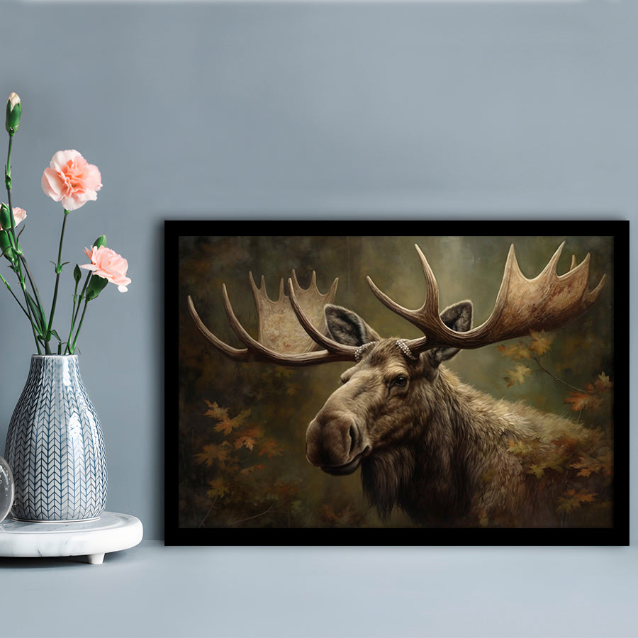 Moose With Antlers In The Forest Portrait Painting, Framed Art Print Wall Decor, Picture Framed