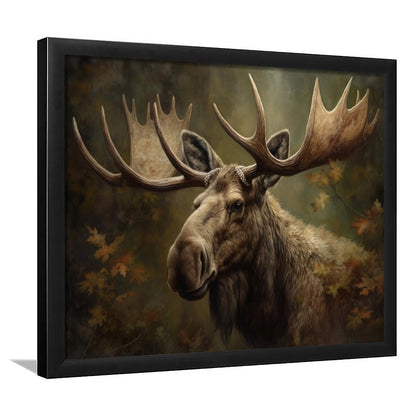 Moose With Antlers In The Forest Portrait Painting, Framed Art Print Wall Decor, Picture Framed