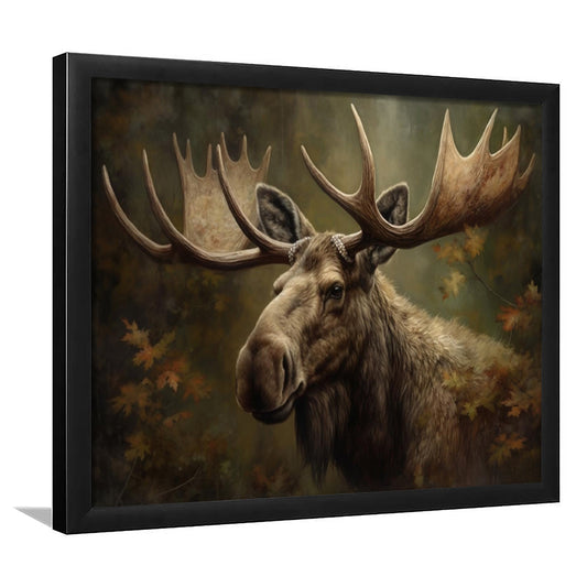 Moose With Antlers In The Forest Portrait Painting, Framed Art Print Wall Decor, Picture Framed