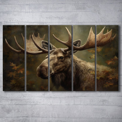 Moose With Antlers In The Forest Portrait Painting, 5 Panel B Canvas Print Wall Art, Extra Large Canvas