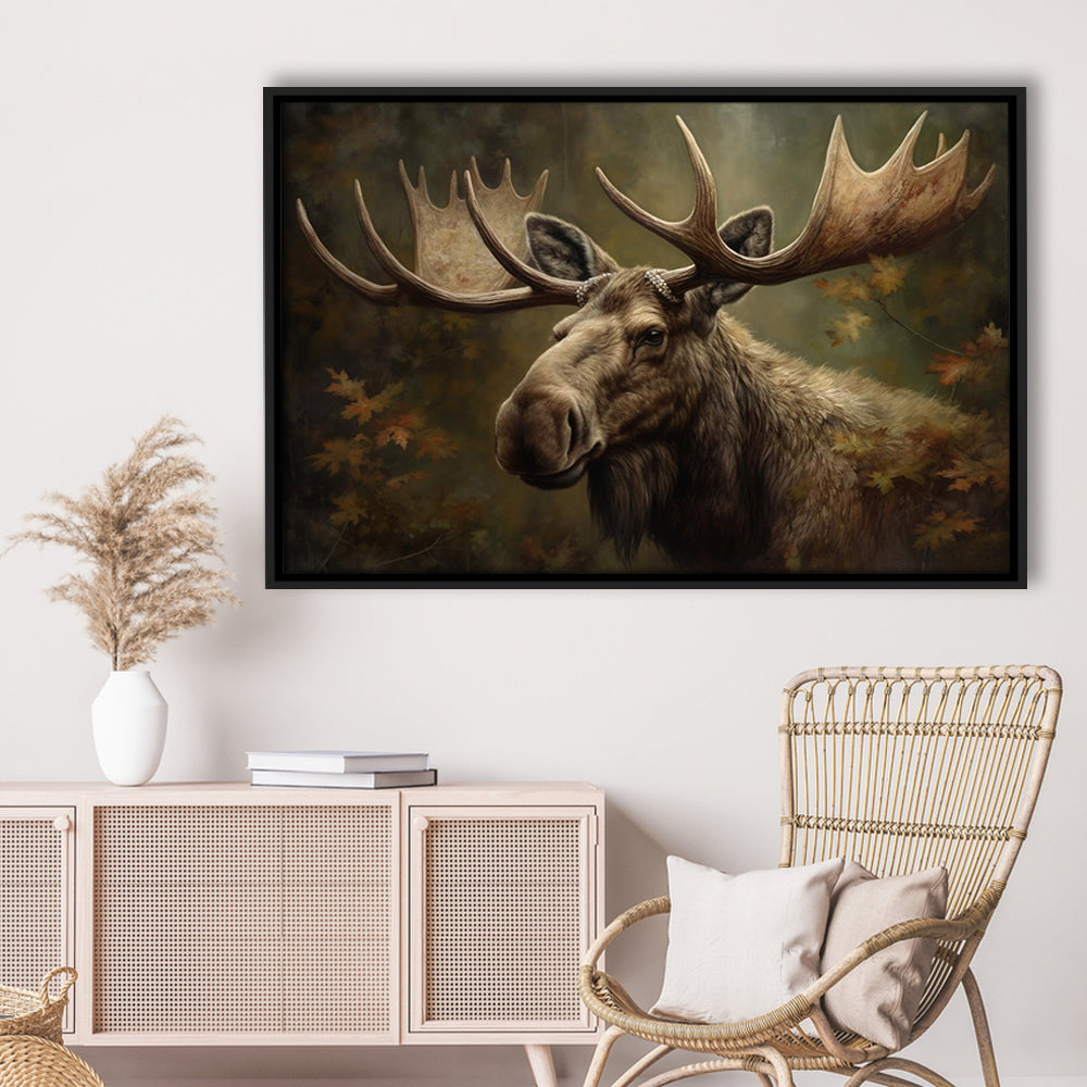 Moose With Antlers In The Forest Portrait Painting, Framed Canvas Print Wall Art, Floating Frame