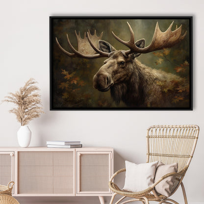 Moose With Antlers In The Forest Portrait Painting, Framed Canvas Print Wall Art, Floating Frame