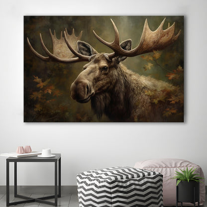 Moose With Antlers In The Forest Portrait Painting, Canvas Print Wall Art, Wall Decor, Painting Canvas