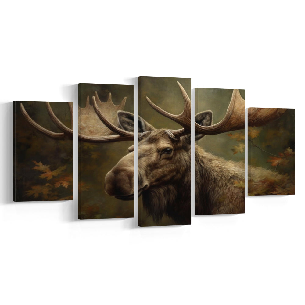 Moose With Antlers In The Forest Portrait Painting, 5 Panel Mixed Canvas Print Wall Art, Large Canvas