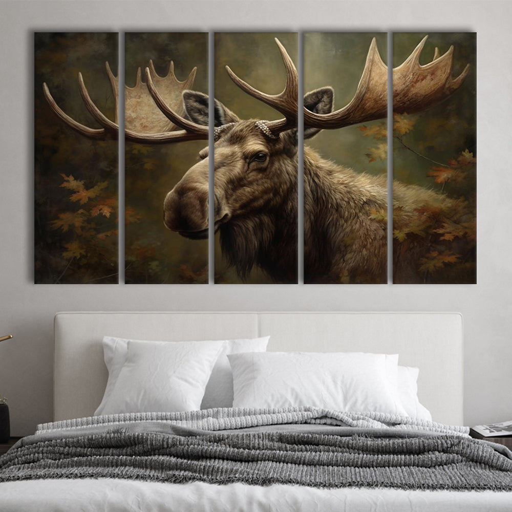 Moose With Antlers In The Forest Portrait Painting, 5 Panel B Canvas Print Wall Art, Extra Large Canvas