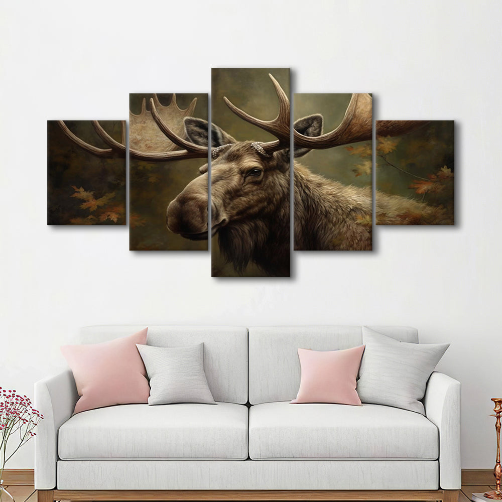 Moose With Antlers In The Forest Portrait Painting, 5 Panel Mixed Canvas Print Wall Art, Large Canvas