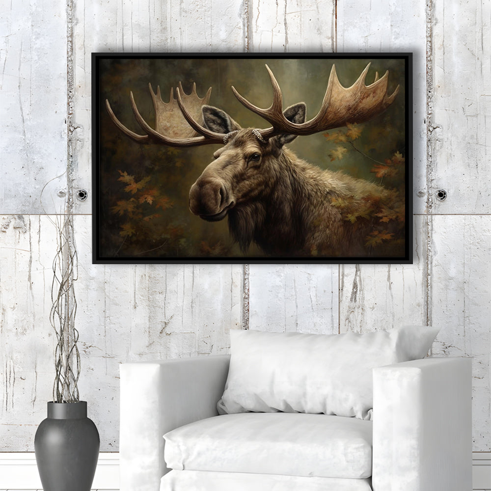 Moose With Antlers In The Forest Portrait Painting, Framed Canvas Print Wall Art, Floating Frame