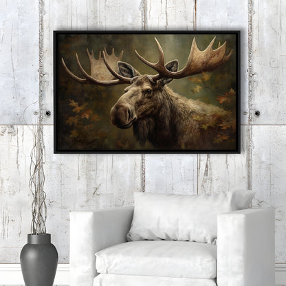 Moose With Antlers In The Forest Portrait Painting, Framed Canvas Print Wall Art, Floating Frame