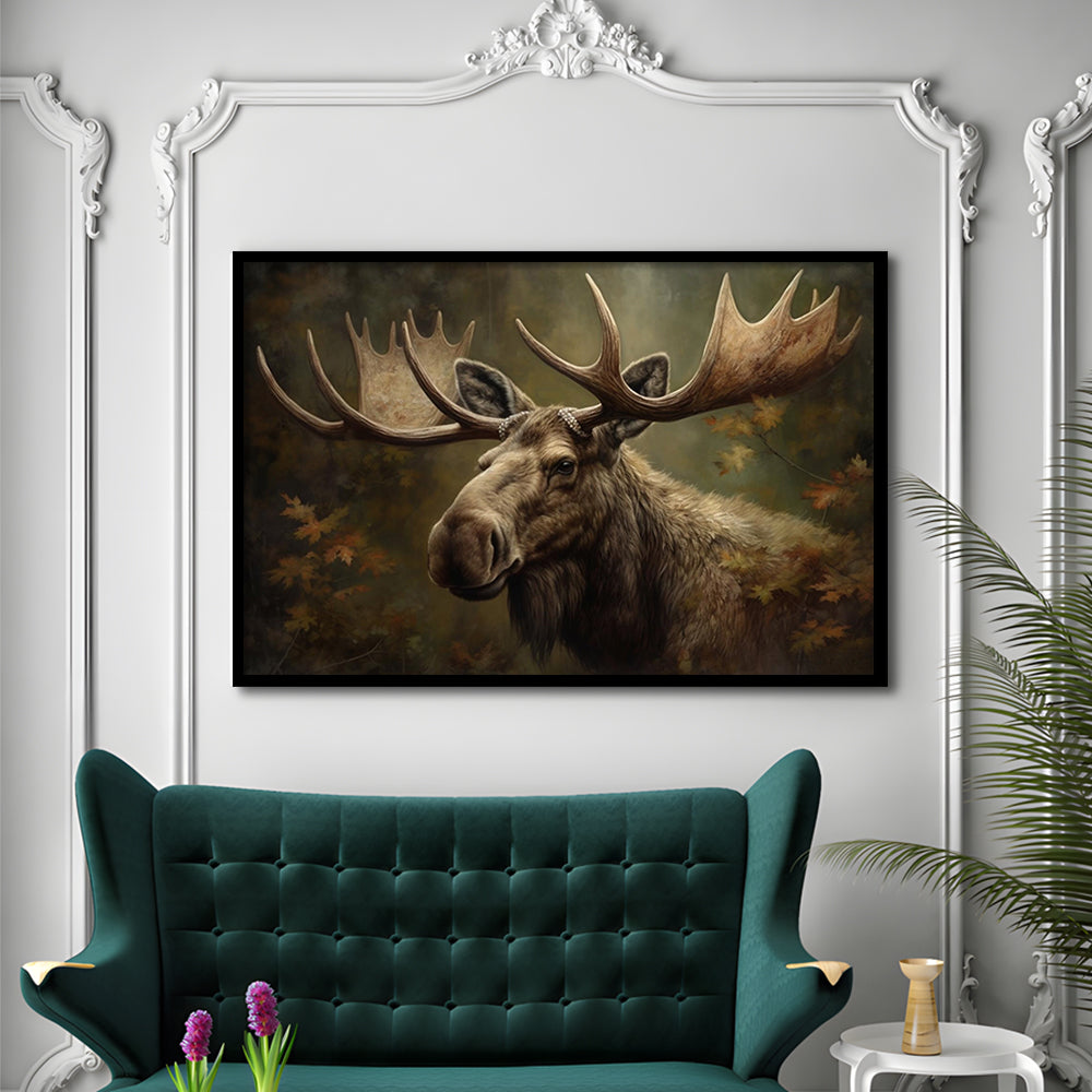 Moose With Antlers In The Forest Portrait Painting, Framed Art Print Wall Decor, Picture Framed