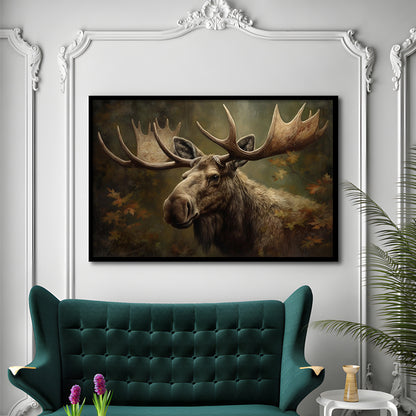 Moose With Antlers In The Forest Portrait Painting, Framed Art Print Wall Decor, Picture Framed
